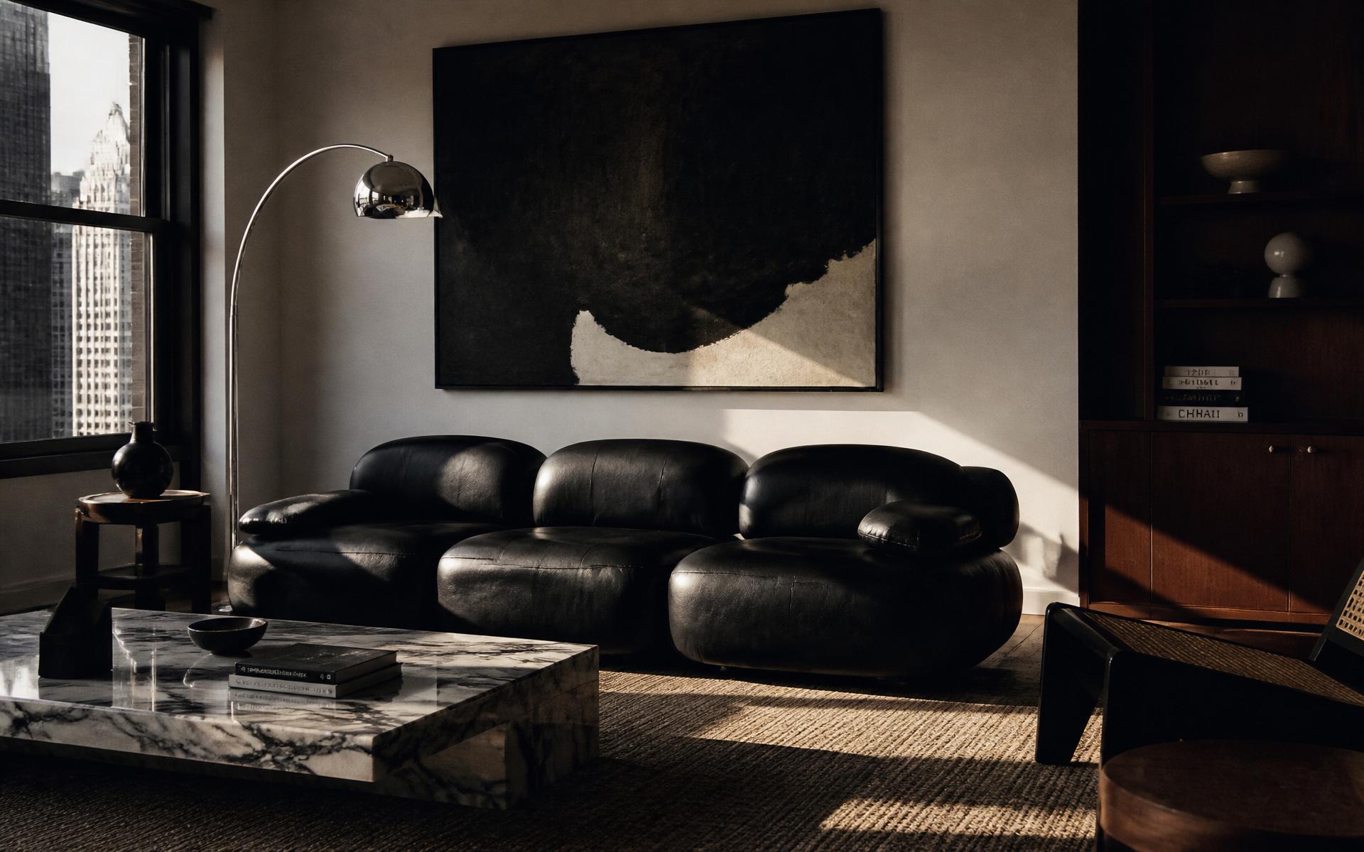 Editorial interior with sculptural black leather sofa and chrome floor lamp