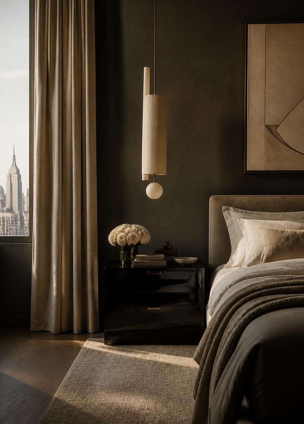Editorial bedroom interior with sculptural pendant light